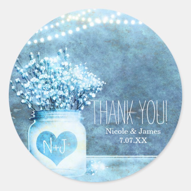 Sticker Rond Blue Heart Mason Jar & Baby's Breath Wedding Favor (Devant)