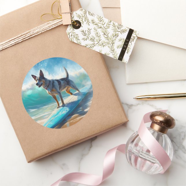 Sticker Rond Blue Heeler Beach Surfing Peinture (Cadeaux)