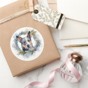 Sticker Rond Blue Heeler Christmas Wreath Festive Pup