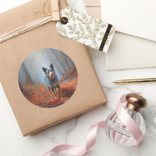 Sticker Rond Blue Heeler dans les feuilles d'automne automne au