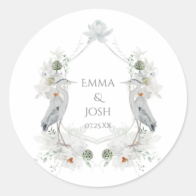 Sticker Rond Blue Heron sauvagine Blanc Floral Mariage éthérée (Devant)