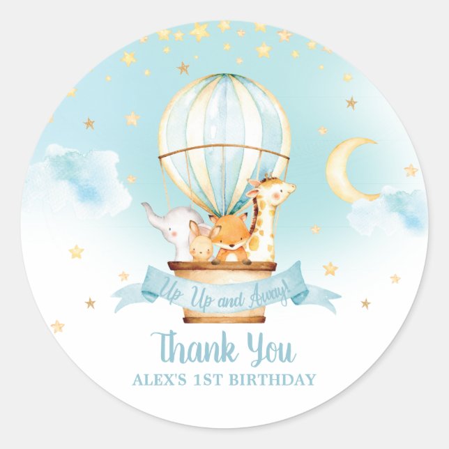 Sticker Rond Blue Hot Air Balloon Animaux Anniversaire Fête Fav (Devant)