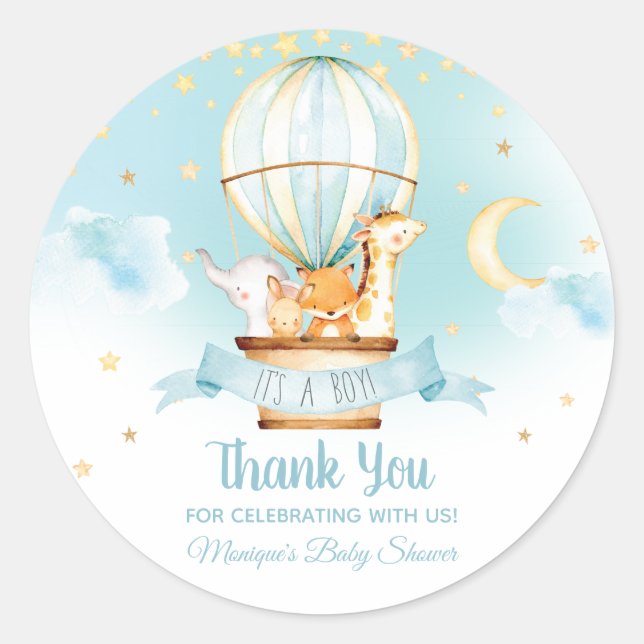 Sticker Rond Blue Hot Air Balloon Animaux Baby shower Faveurs (Devant)
