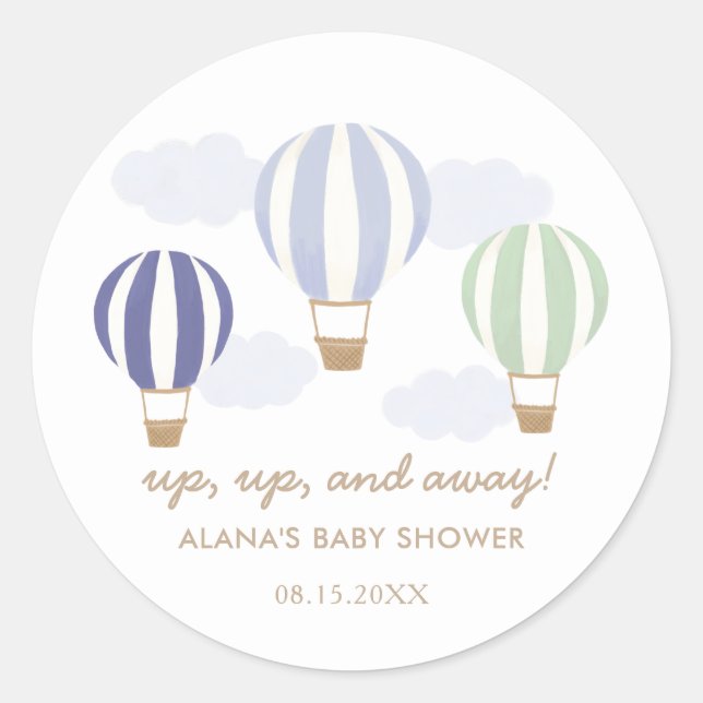 Sticker Rond Blue Hot Air Balloons Boy Baby shower Classic Roun (Devant)