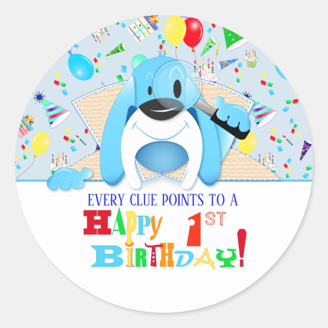 Sticker Rond Blue Hound Chien Mystery Détective Anniversaire (Devant)