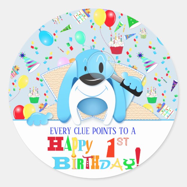 Sticker Rond Blue Hound Chien Mystery Détective Anniversaire (Devant)