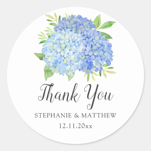 Sticker Rond Blue Hydrangea Aquarelle Floral Mariage Merci (Devant)