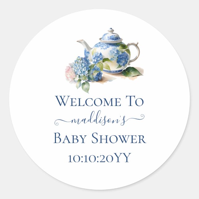 Sticker Rond Blue Hydrangea Baby shower Tea Party (Devant)