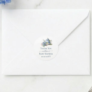 Sticker Rond Blue Hydrangea Baby shower Tea Party Merci