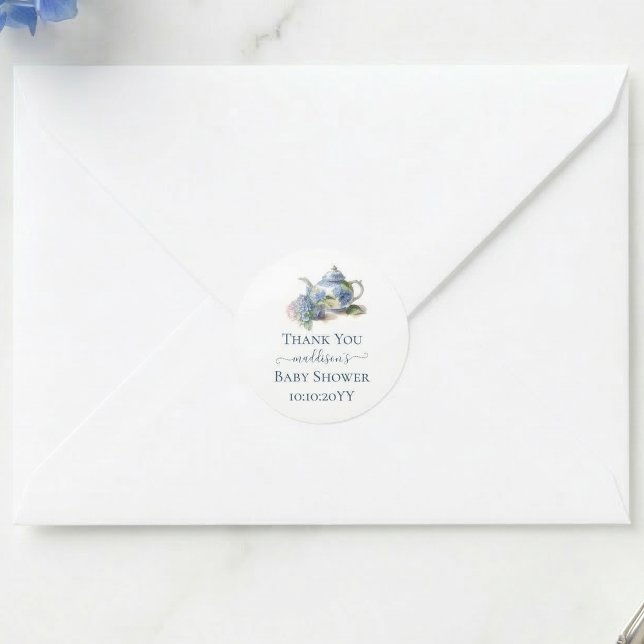 Sticker Rond Blue Hydrangea Baby shower Tea Party Merci (Créateur téléchargé)