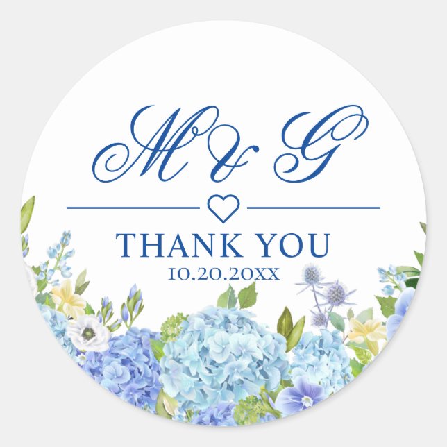 Sticker Rond Blue Hydrangea Floral Greenery Merci Mariage (Devant)