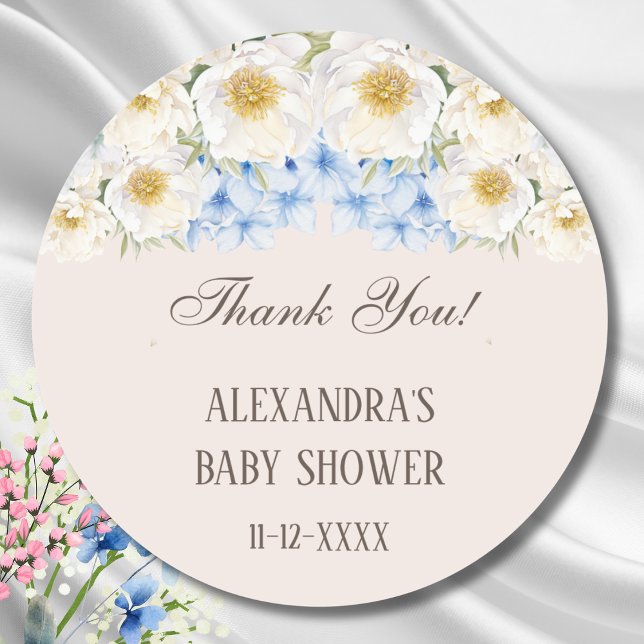 Sticker Rond Blue Hydrangea Jardin Floral Baby shower Merci (Créateur téléchargé)