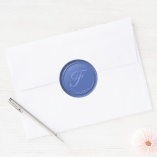 Sticker Rond Blue Hydrangea Monogramme Nom Faux Cire Timbre