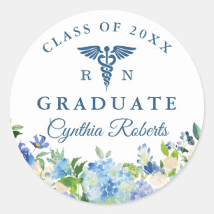 Sticker Rond Blue Hydrangeas Floral Nursing School Graduation