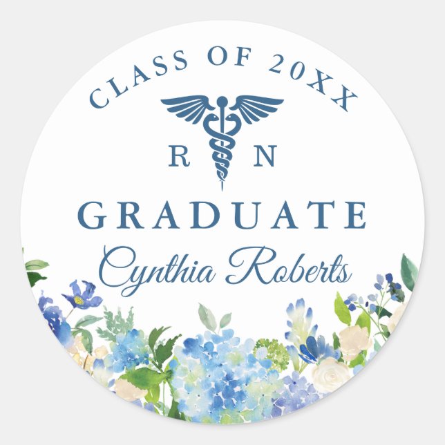 Sticker Rond Blue Hydrangeas Floral Nursing School Graduation (Devant)
