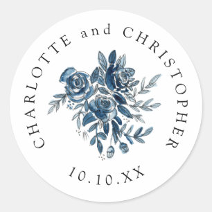Sticker Rond Blue indigo aquarelle lin fleuri mariage