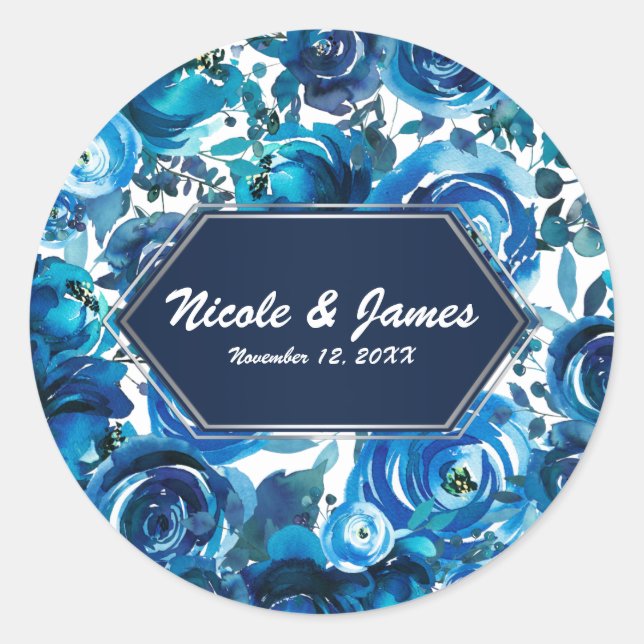 Sticker Rond Blue Indigo Floral Flowers Élégant Mariage chic (Devant)
