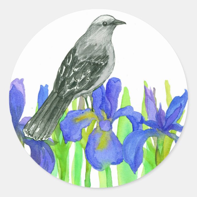 Sticker Rond Blue Iris Flower Grey Oiseau Aquarelle Art (Devant)