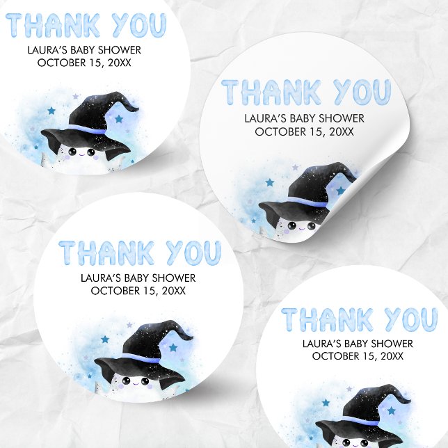 Sticker Rond Blue Little Boo Ghost Witch Baby Shower (Little Boo Baby Shower Sticker)