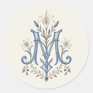 Sticker Rond Blue Marian Monogram Catholic Lilies