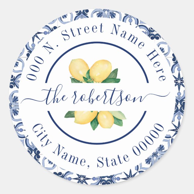 Sticker Rond Blue Mediterranean Lemons Adresse de retour (Devant)