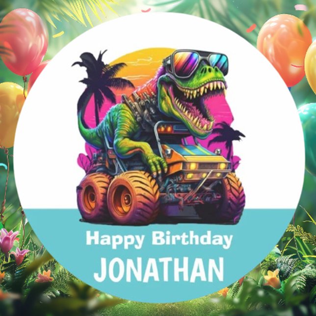 Sticker Rond BLUE MONSTER TRUCK DINOSAUR fête d'anniversaire (we have everything you need for an epic dinosaur celebration. )