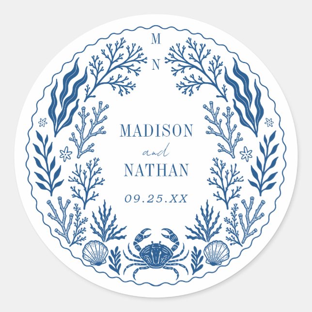 Sticker Rond Blue Nautical Crab Shell Ocean Beach Wedding (Devant)