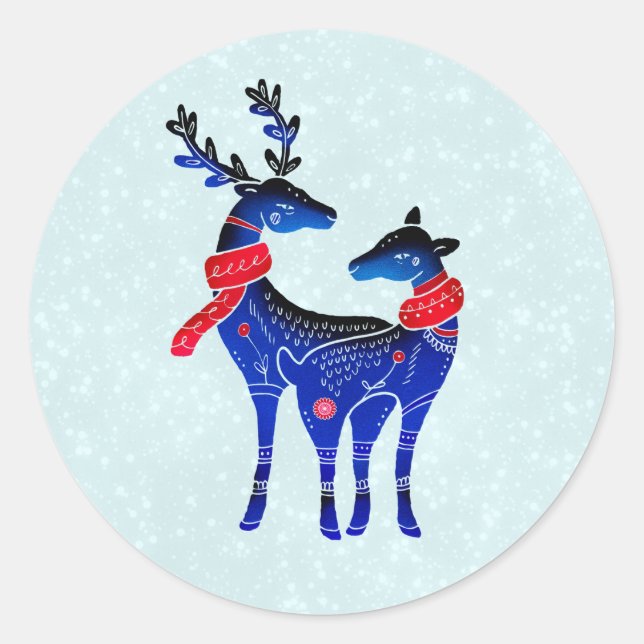 Sticker Rond Blue Nordic Christmas Reindeer Pair (Devant)
