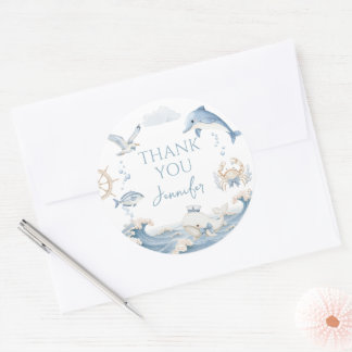 Sticker Rond Blue Ocean Sea You Soon Baby Boy Shower Thank You