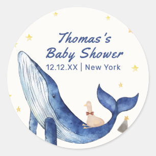 Sticker Rond Blue Ocean Whimsical Duck Stars Baby shower balein