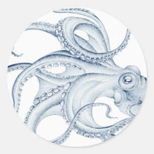 Sticker Rond Blue Octopus Cephalopod Kraken Ink