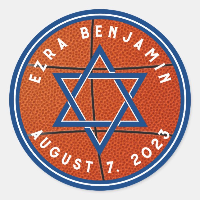 Sticker Rond Blue Orange Basketball Thème Bar Mitzvah (Devant)