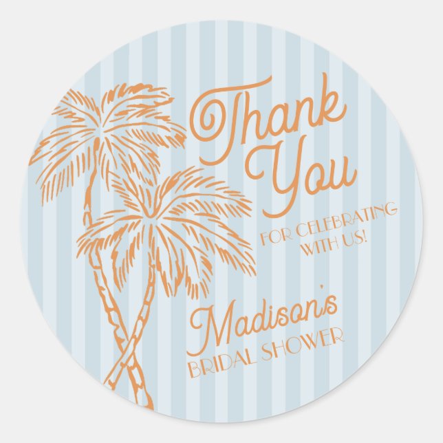 Sticker Rond Blue Palm Spring Pastel Beach Fête des mariées Fav (Devant)