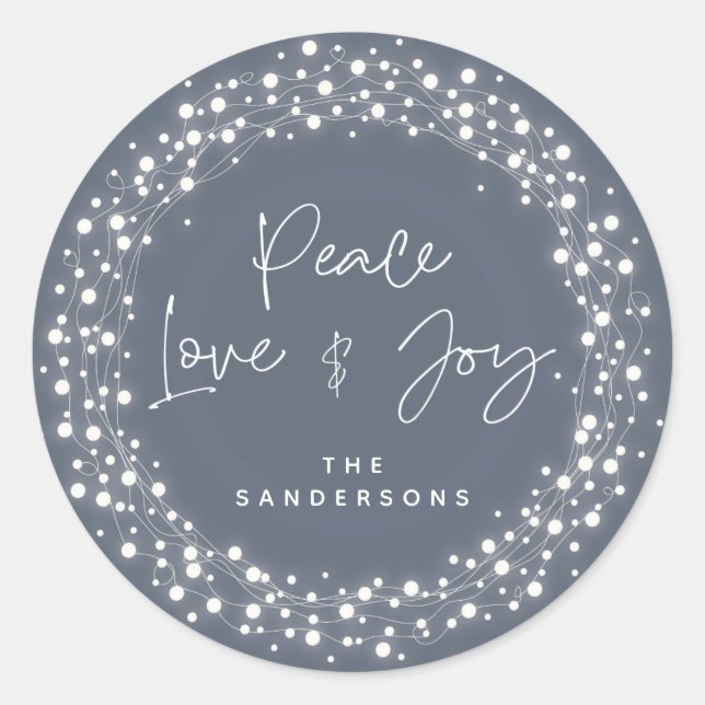 Sticker Rond Blue Peace Love+Joy Sparkling Lights Noël (Devant)