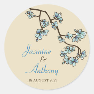 Sticker Rond Blue Peach Blossoms Sakura Modern Asian Mariage