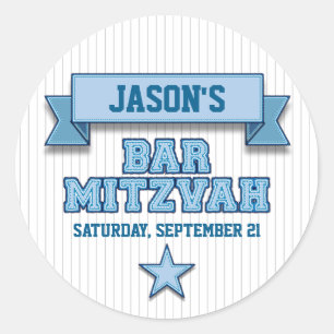Sticker Rond Blue Pinstripe Sport Tackle Twill Bar Mitzvah RSVP