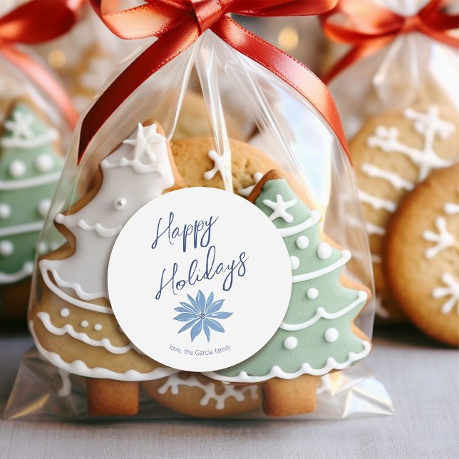 Sticker Rond Blue Poinsettia Minimal Joyeux Noël (Créateur téléchargé)