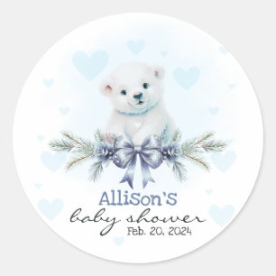Sticker Rond Blue Polar Bear Cub Boy Hearts Baby shower d'hiver