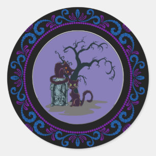 Sticker Rond Blue Purple Chats noirs Tombstone Tree Halloween