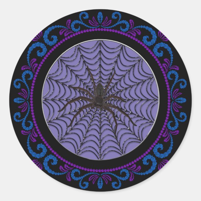 Sticker Rond Blue Purple Spider Web et Black Spider Halloween (Devant)
