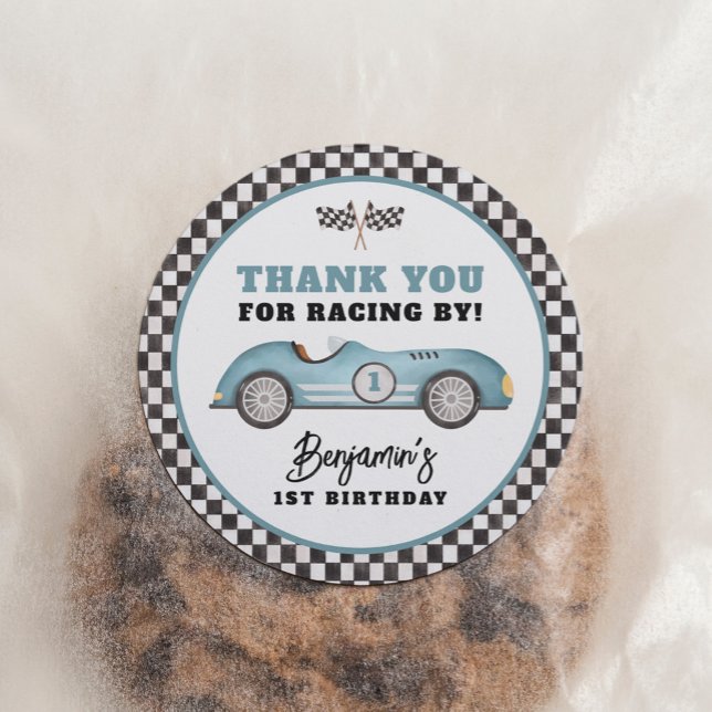 Sticker Rond Blue Race Car Fast One Boy Fête d'anniversaire (Créateur téléchargé)