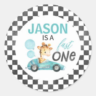 Sticker Rond Blue Racing voiture Giraffe 1er anniversaire