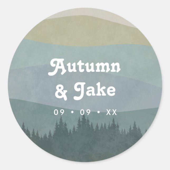 Sticker Rond Blue Retro Mountains and Forest Wedding Favor (Devant)