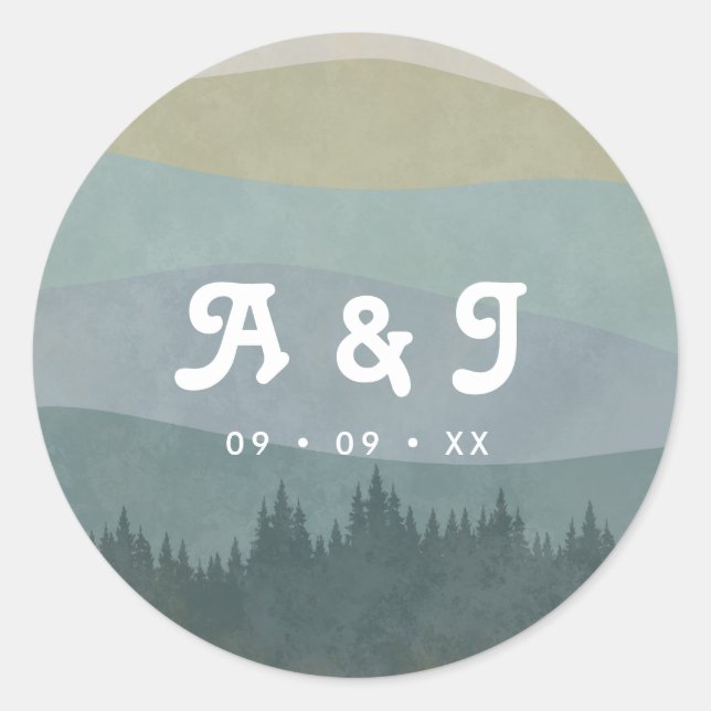 Sticker Rond Blue Retro Mountains and Forest Wedding Monogram (Devant)