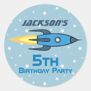 Sticker Rond Blue Retro Rocket Ship Personnalisé Anniversaire G