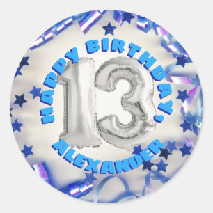 Sticker Rond Blue Ribbon & Stars Confetti 13e fête d'anniversai