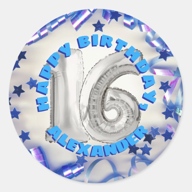 Sticker Rond Blue Ribbon & Stars Confetti 16e fête d'anniversai (Devant)