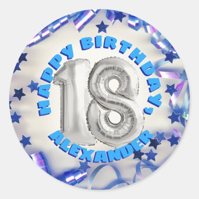 Sticker Rond Blue Ribbon & Stars Confetti 18e fête d'anniversai (Devant)