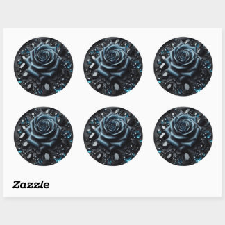 Sticker Rond Blue Rose with Jewels on Black Fabric