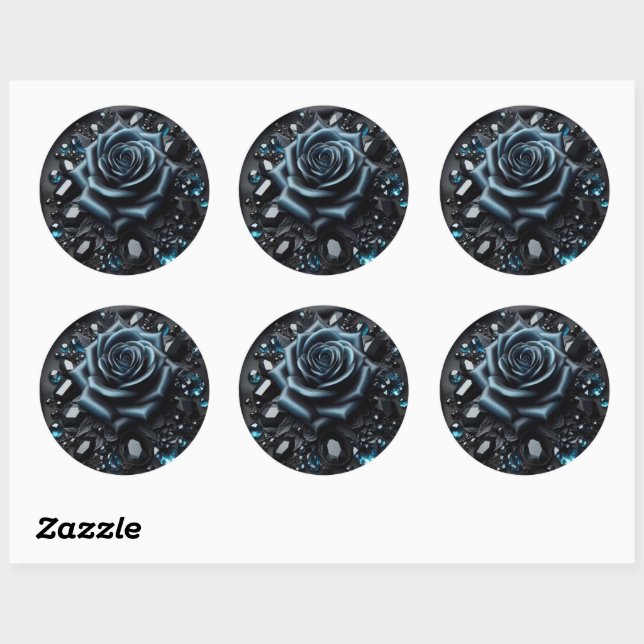 Sticker Rond Blue Rose with Jewels on Black Fabric (Feuille)